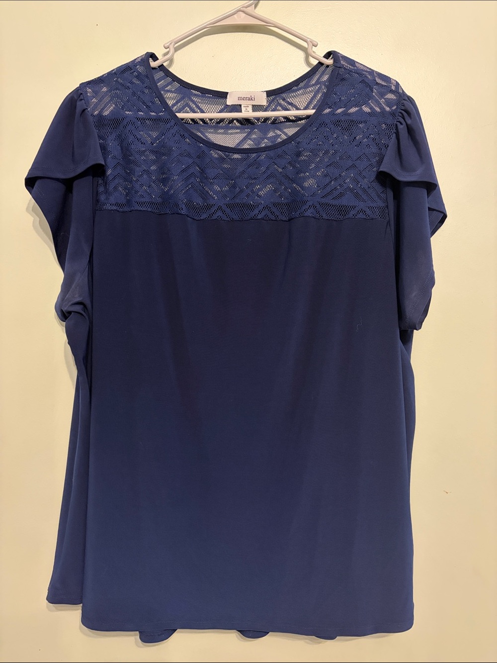 meraki Navy Lace Yoke Short Flutter Sleeve Top